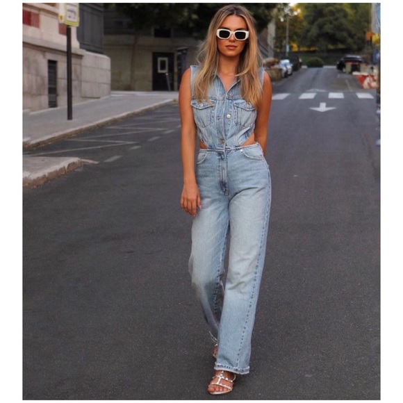 NWT Zara Full Length Cut Out Denim Jumpsuit - Picture 9 of 9